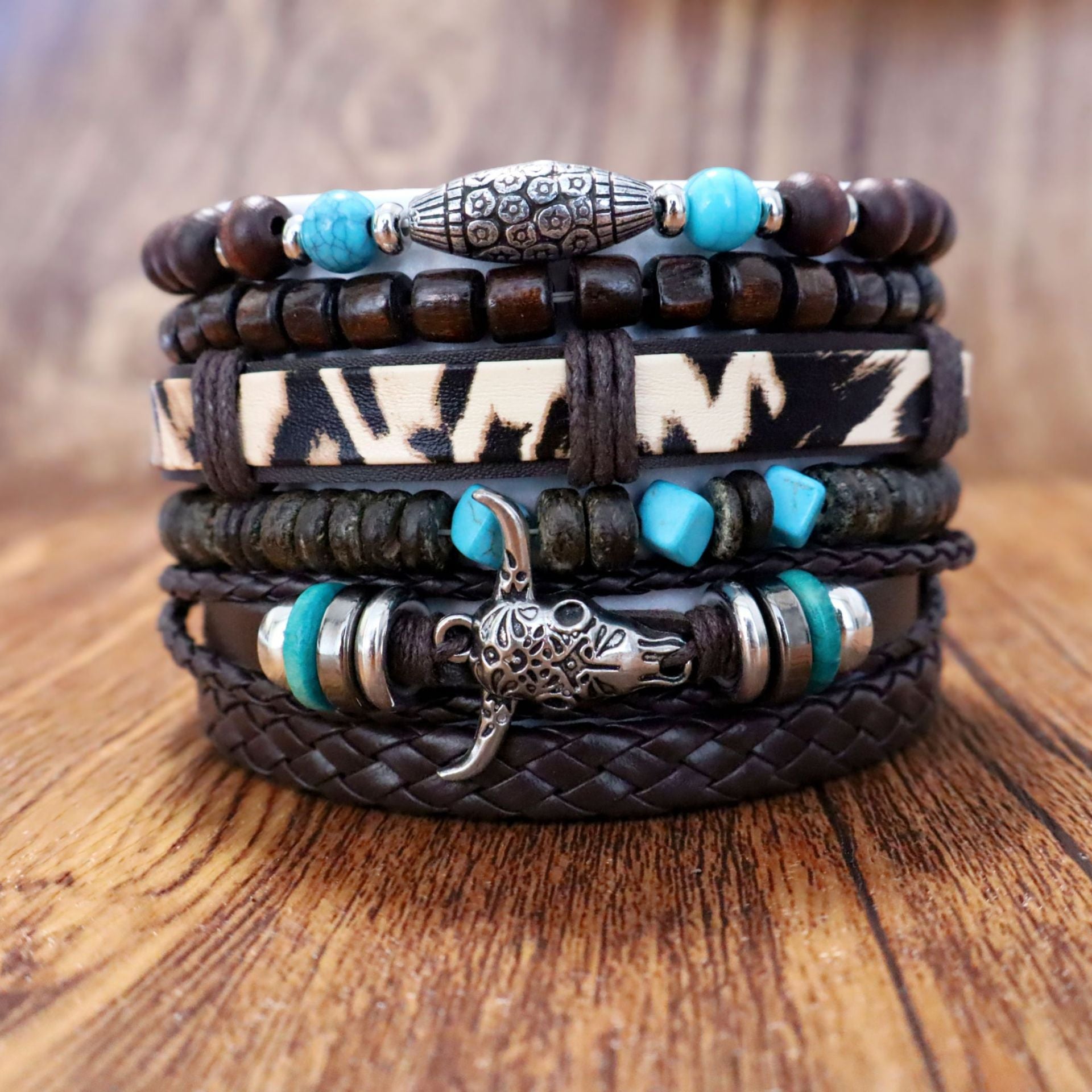 Wholesale Leather Bohemian style wooden bead vintage bull head six-piece bracelet set