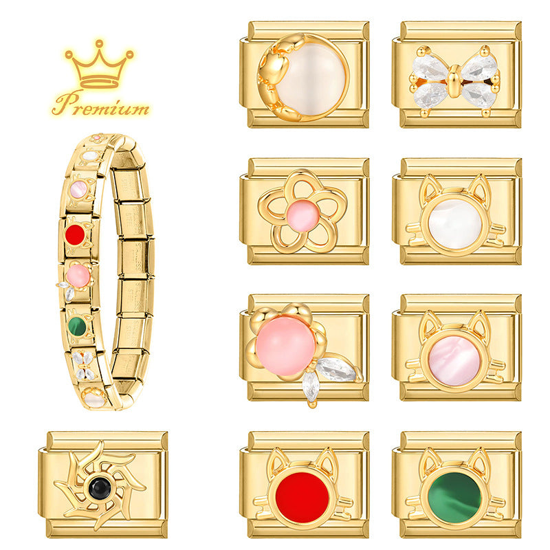 Wholesale Golden Bow Cat Sun Element DIY Modular Bracelet Stainless Steel Jewelry Accessory