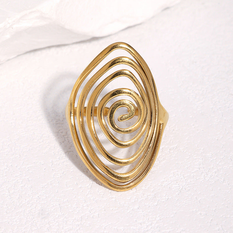 Wholesale Geometric Spiral Adjustable Open Ring Stainless Steel Gold Plated Wide Band Jewelry Accessory