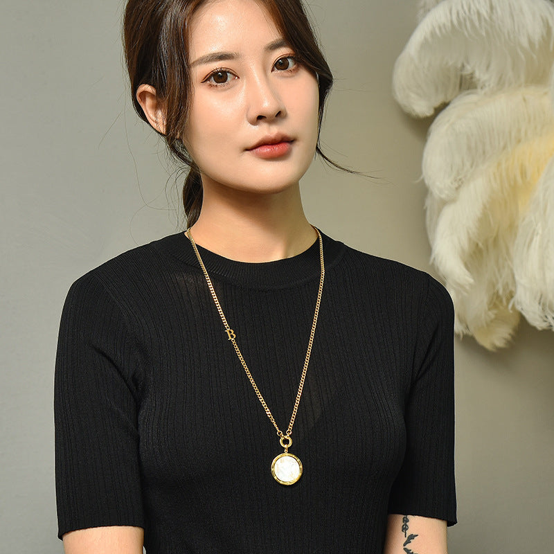 Wholesale Stainless  Steel Geometric Round Double-Sided Shell Long Necklace