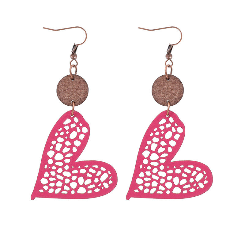 Wholesale Valentine's Day Love Wood Pieces Hollow Mesh Leather  Earrings