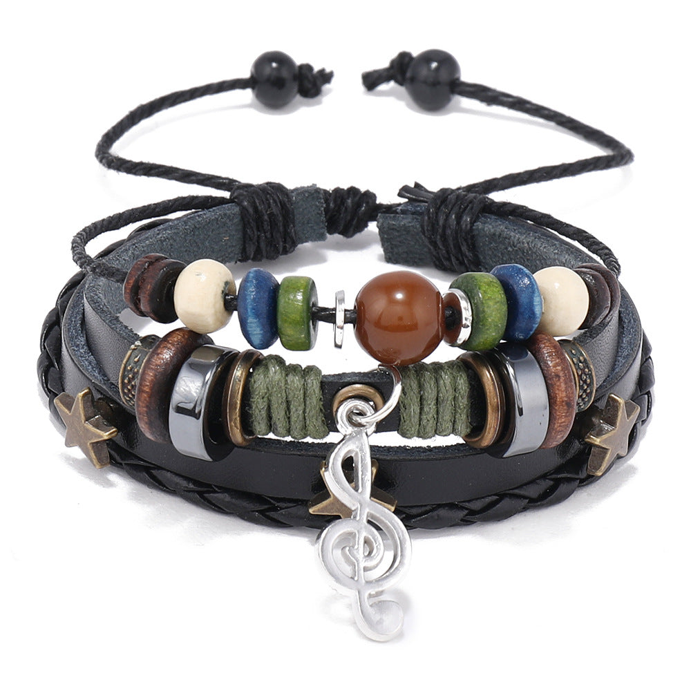 Wholesale Layered Leather Beaded Bracelet with Music Note Pendant – Unisex Electroplated Jewelry Accessory
