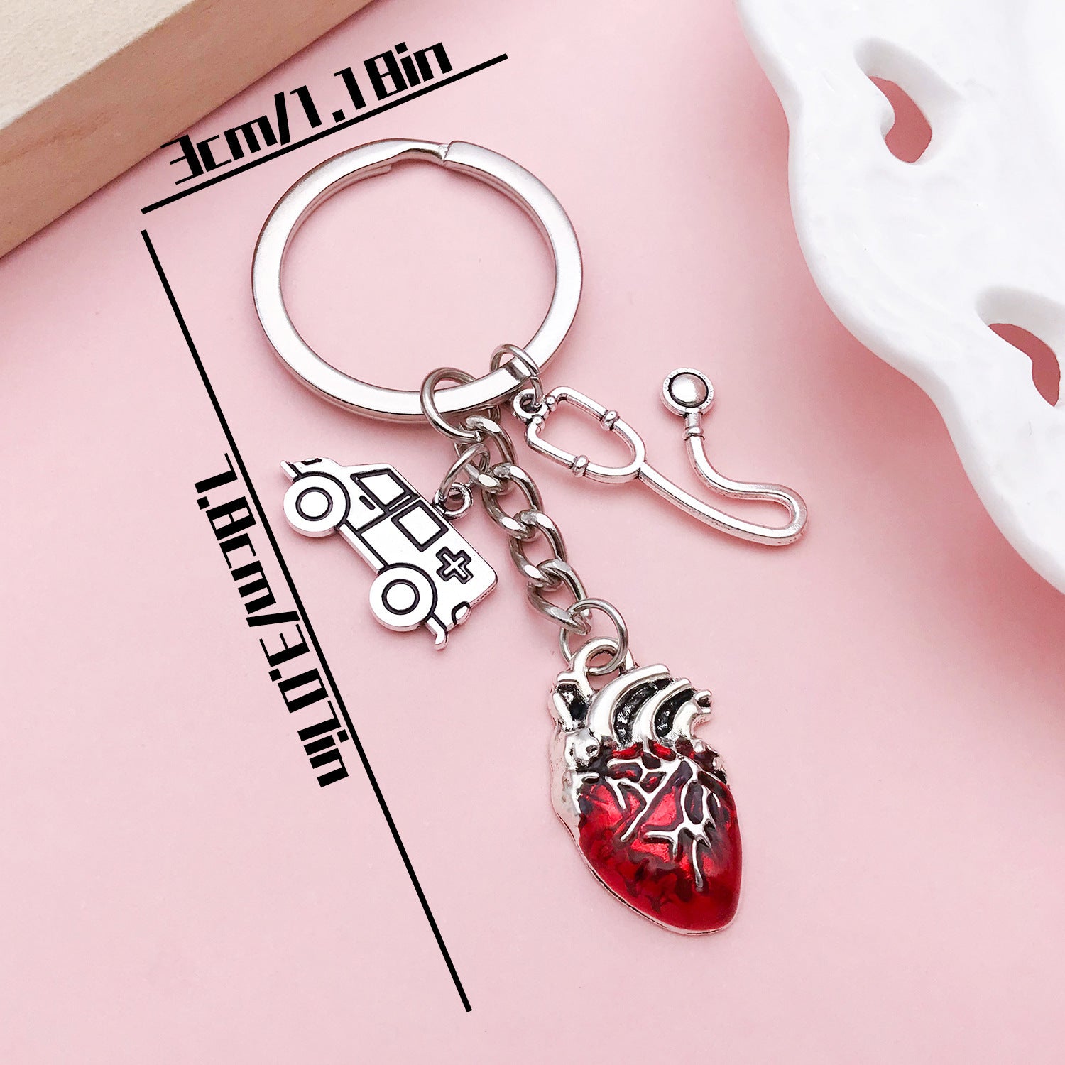 Wholesale Antique Silver Alloy Medical Syringe Stethoscope Keychain Red Heart EKG Design Creative Gift Car Key Accessory
