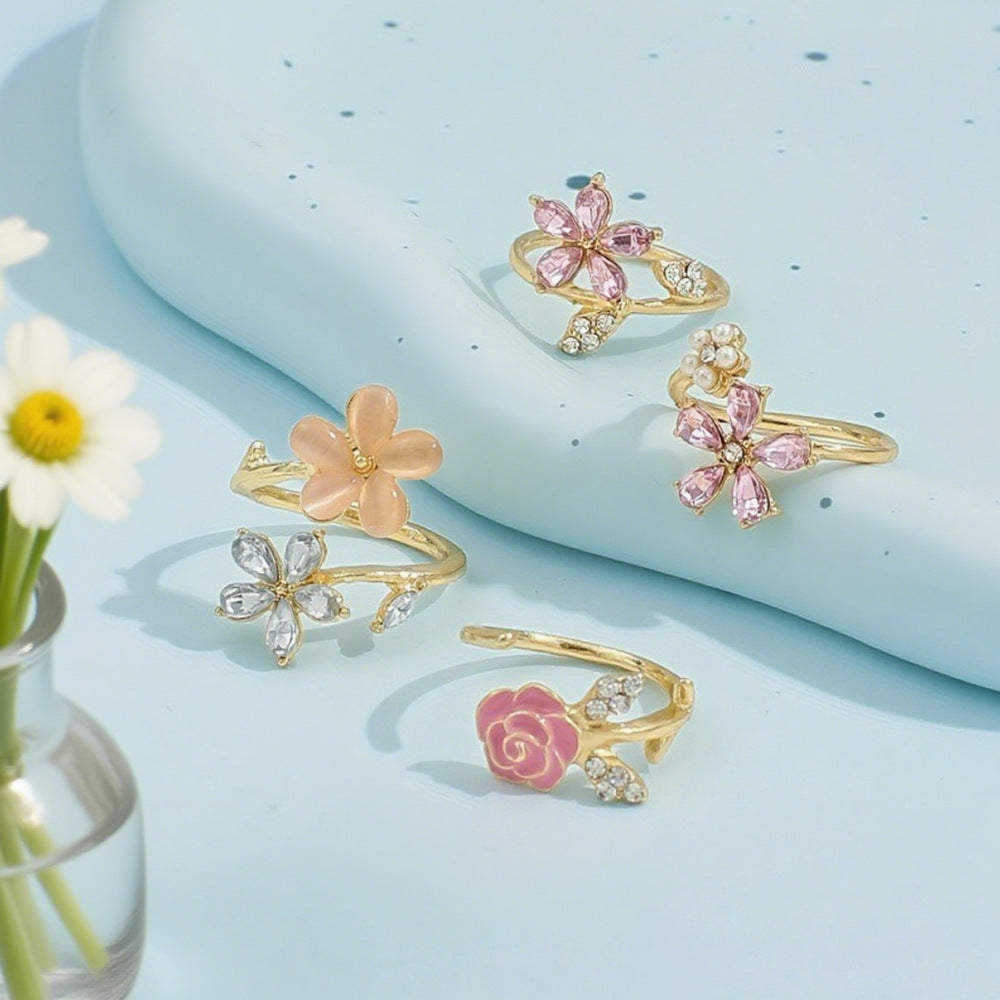 Wholesale Pink floral design multi-layered ring,  stylish and elegant pearl and zircon alloy ring.