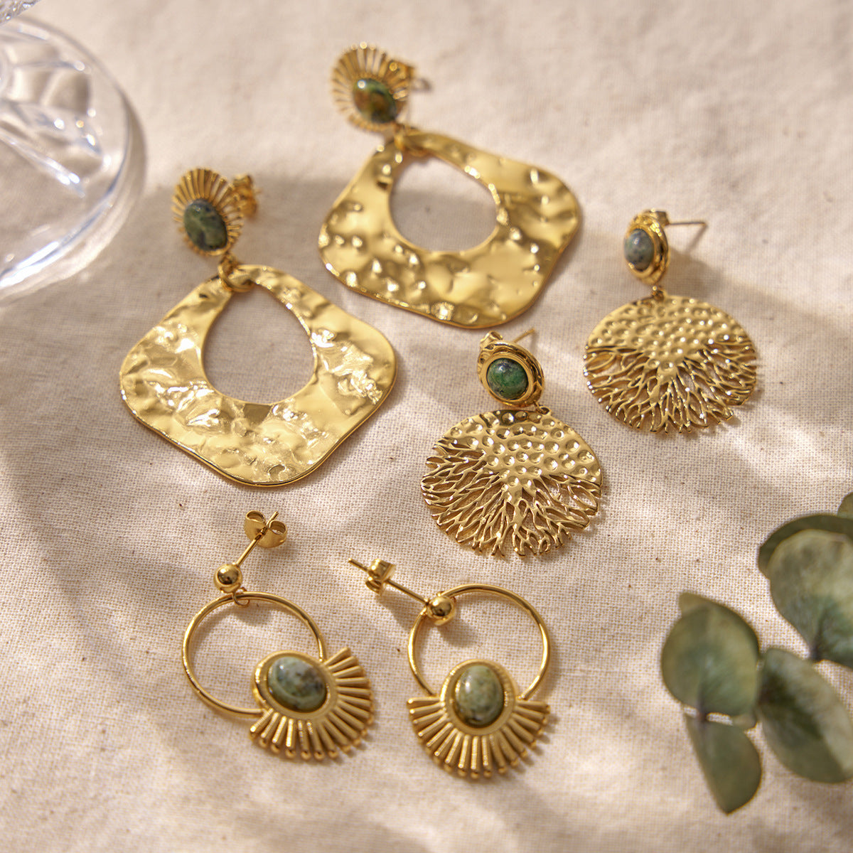 Wholesale Bohemian Retro Hammer Pattern Natural Stone Stainless Steel Earrings