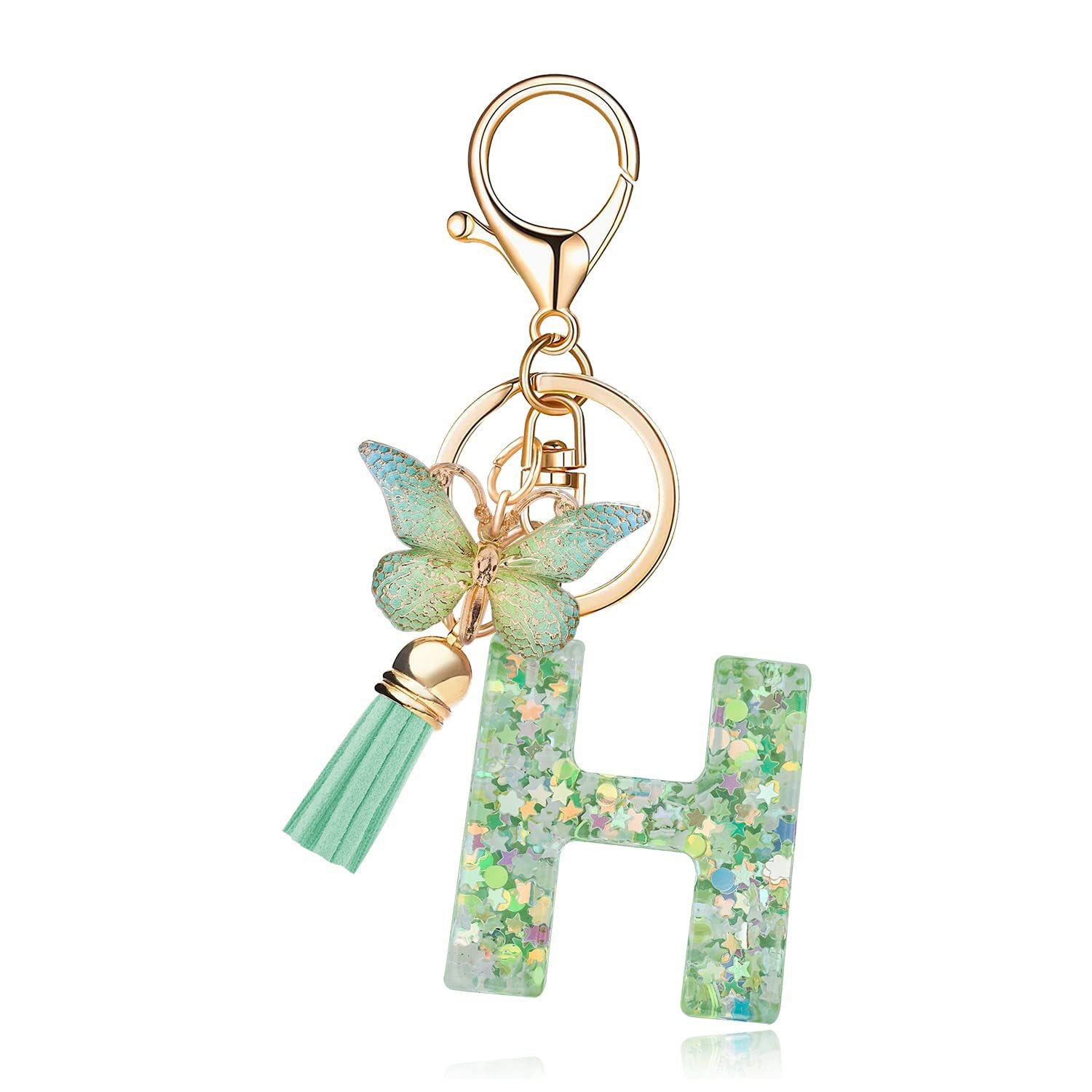 Wholesale 26 letter keychain green butterfly glue keychain