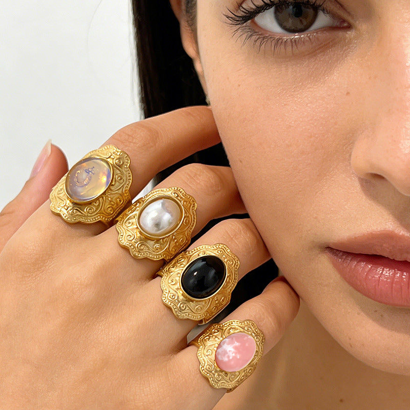 Wholesale Stainless Steel 18K Gold Plated Vintage Oval Gemstone Ring with Imitation Pearl and Turquoise - Fashion Jewelry Accessory for Resale