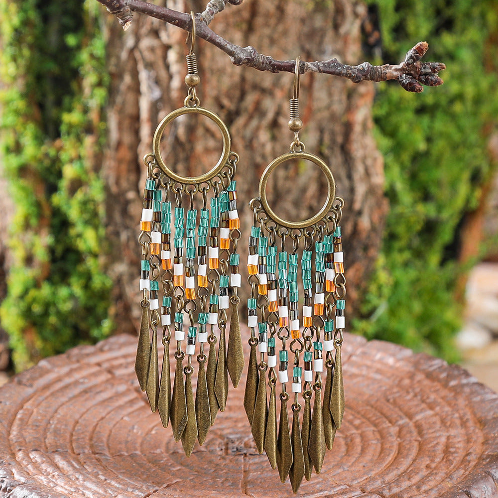 Wholesale  Ethnic Style Exaggerated Retro Earrings Bohemian Rice Beads Tassel Earrings