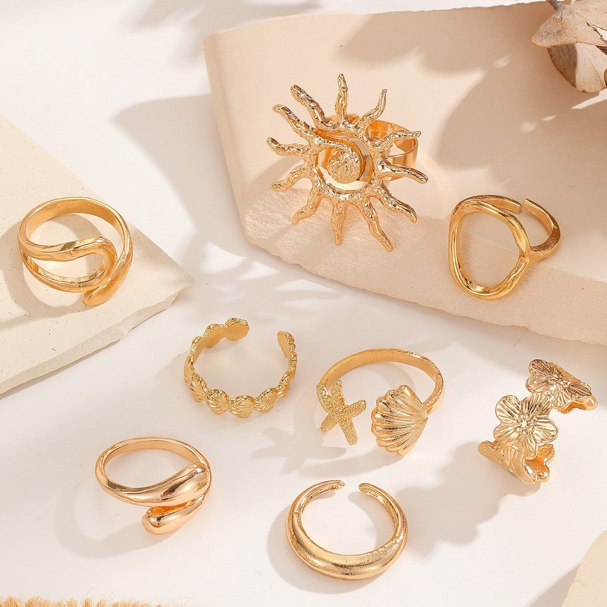 Wholesale Sunflower Hollow Out Women S Ring Set Gold Alloy Fashion Accessory Stylish Gift For Boutique Resale
