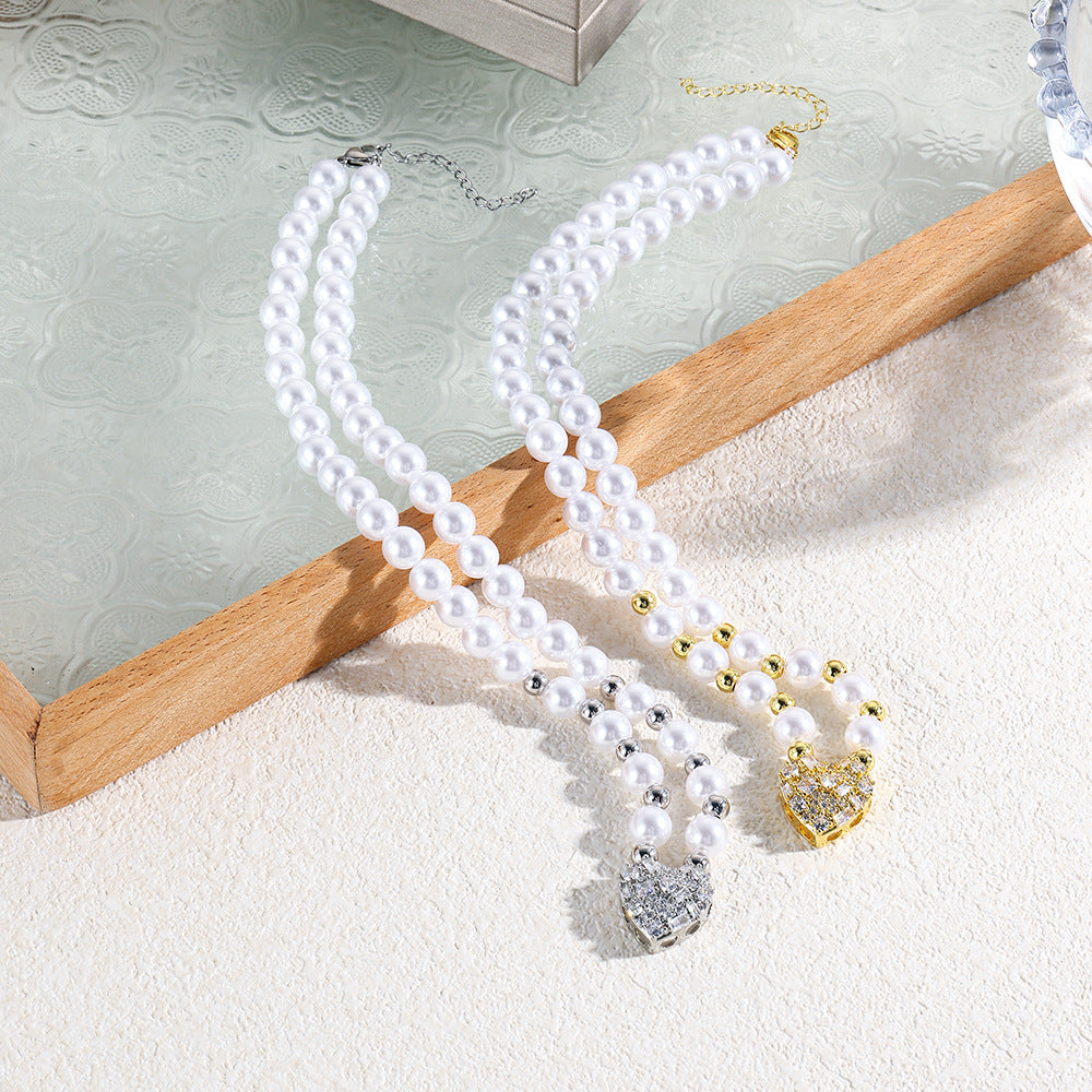 Wholesale  Love Zircon Pearl Necklace  Copper Plated 18K Gold Ladies Pearl Necklace