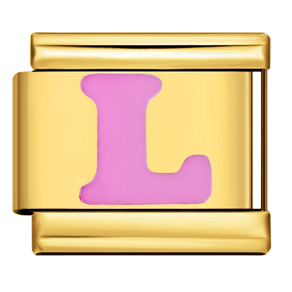 Wholesale Italian Charm Bracelet 9mm DIY All-Gold Concave Pink Letter   Creative Stainless Steel Composable Bracelet