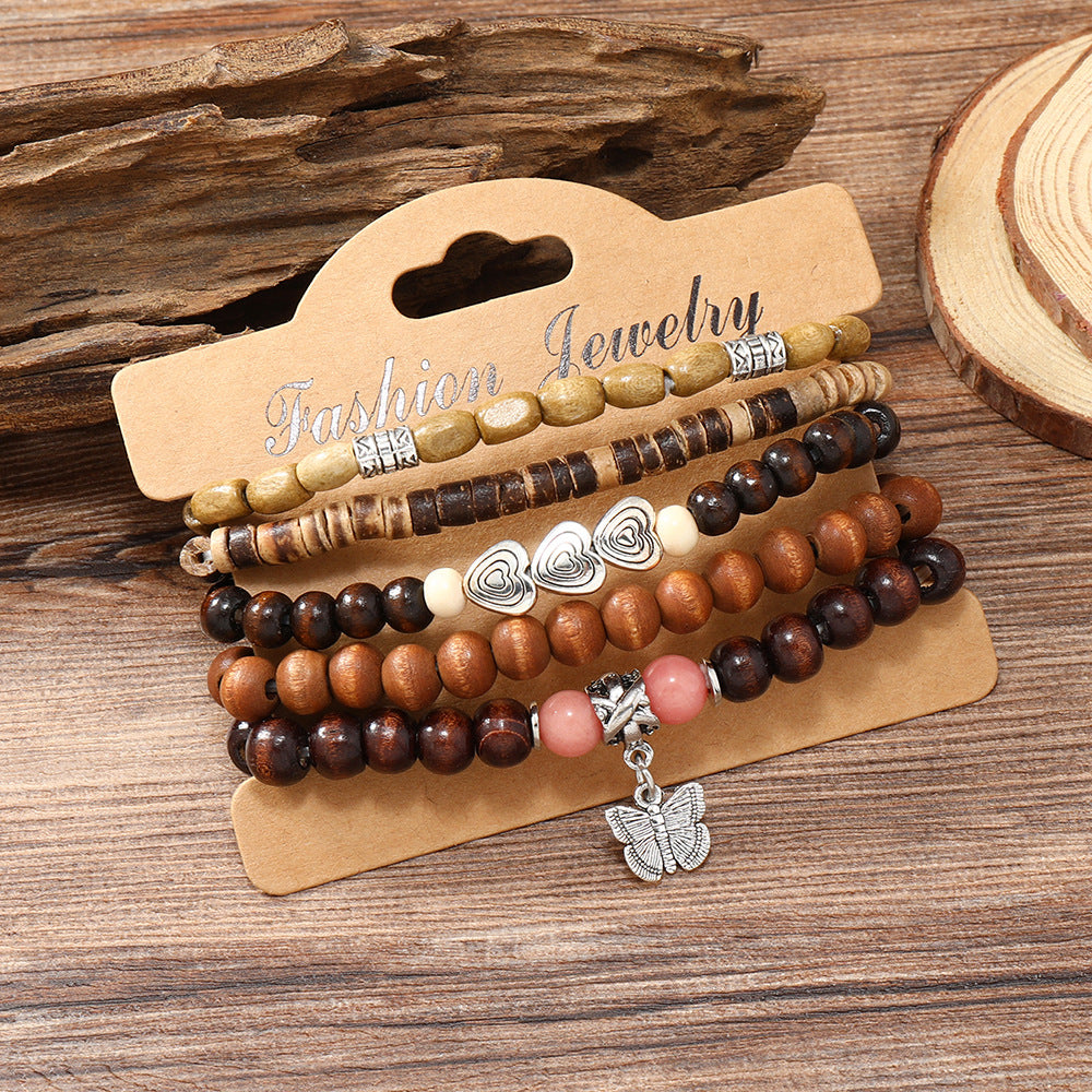 Wholesale 3PCS Western-style multi-layered wooden bead heart and butterfly bracelet