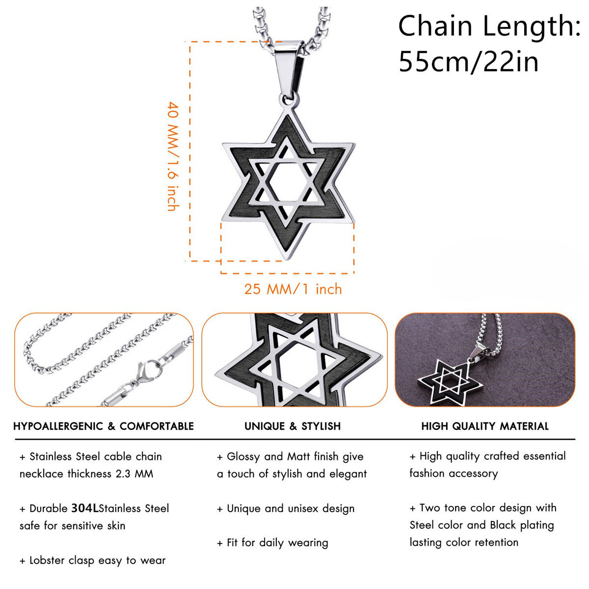 Wholesale Two-Color Stainless Steel David Star Pendant Necklace