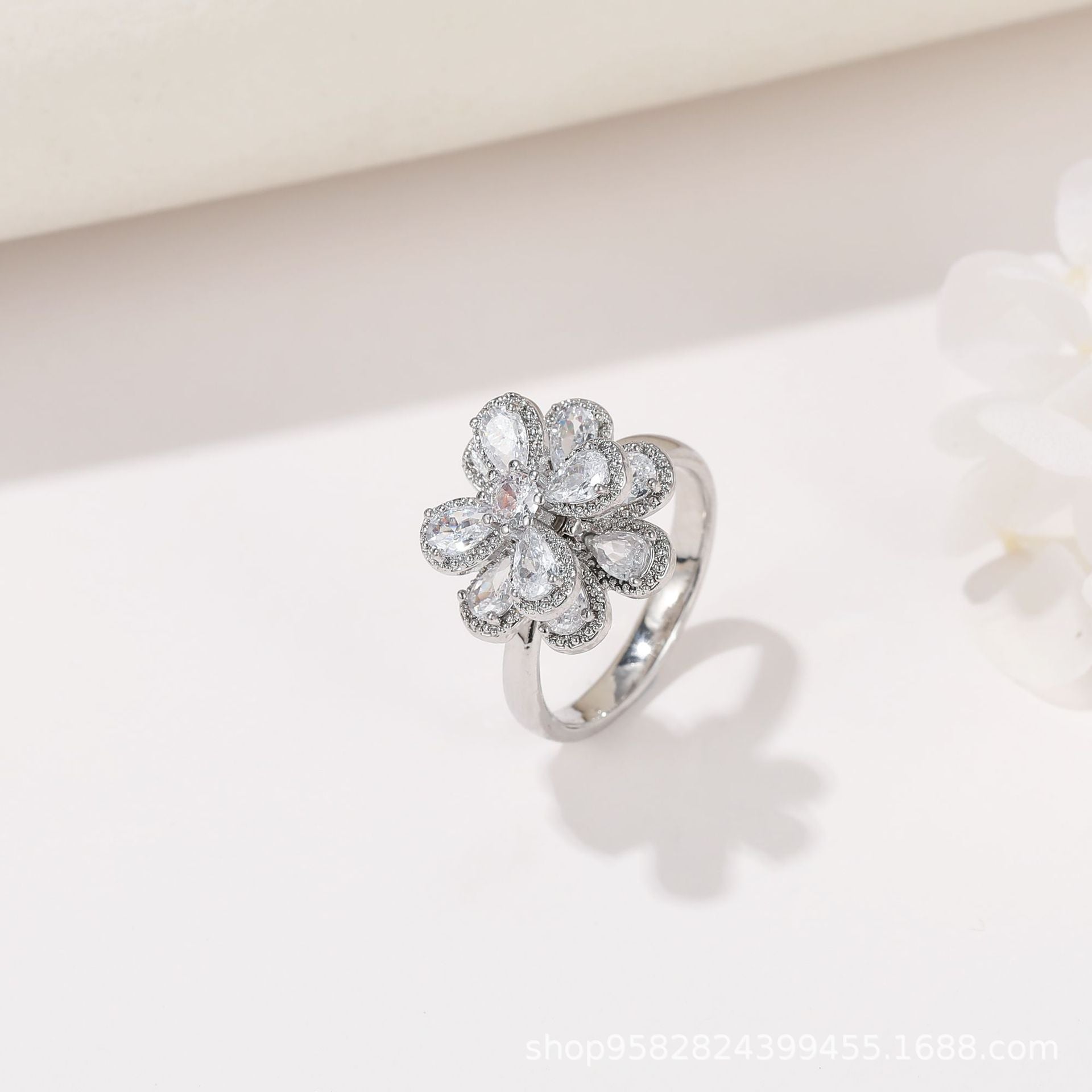 Wholesale 360° Rotating Double-Layer Flower Ring Gold Plated Zircon Fashion Accessory Boutique Gift