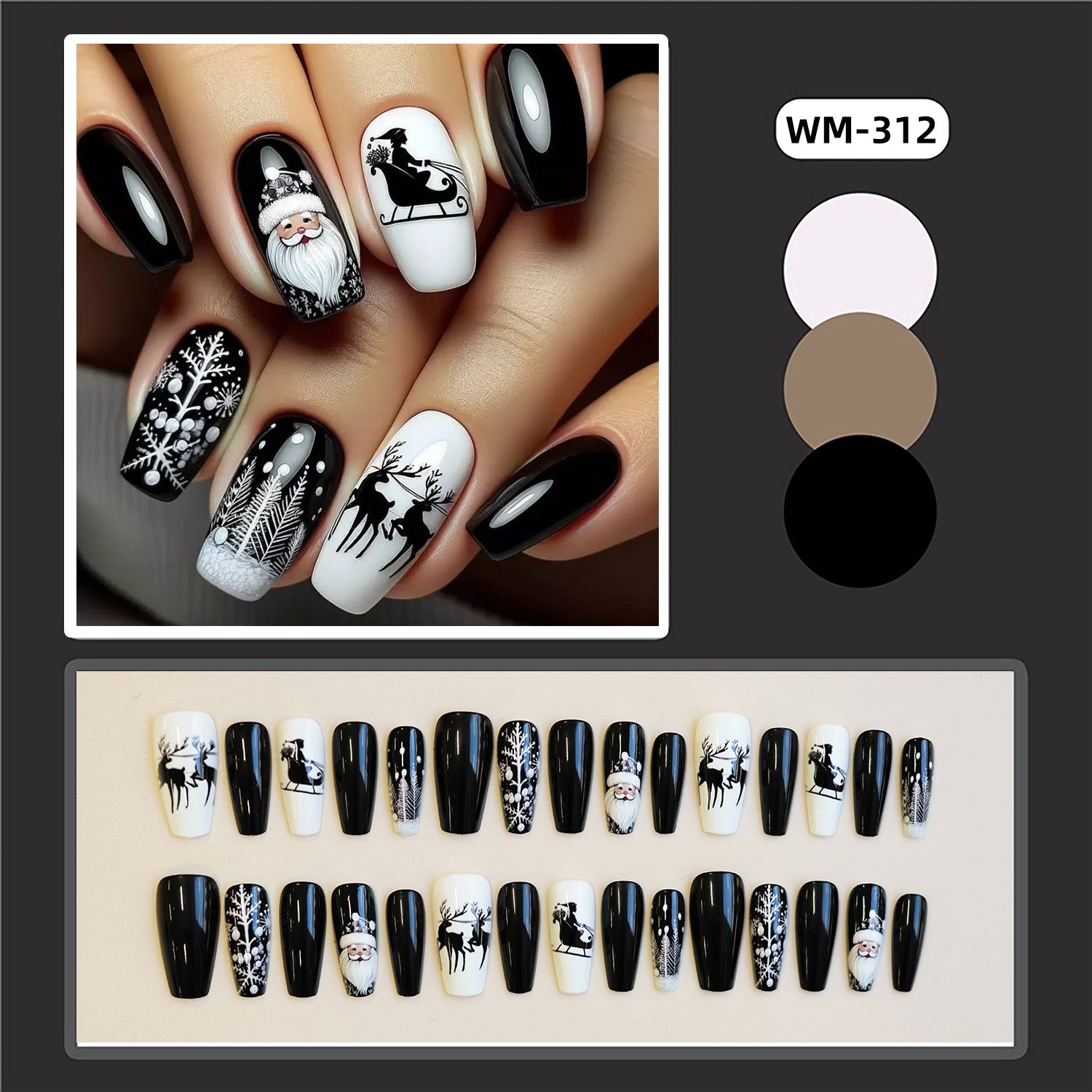 Wholesale 24 Pieces/ box Black and White Christmas Nails Kits Nail Stickers