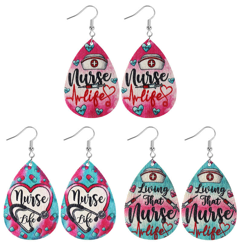 Wholesale Nurse Doctor Teardrop Shaped Wooden Earrings ACC-ES-Mijun005