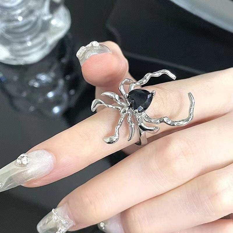 Wholesale European and American Dark Retro Black Gemstone  Nail Ring with Niche Design,  Minimalist Style,  Open-Ended Personality Ring