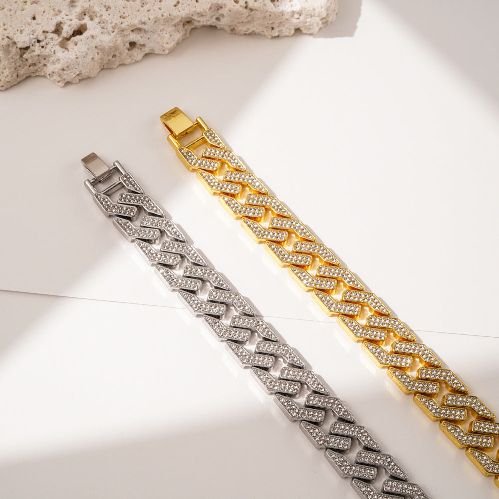 Wholesale Stylish Silver Alloy Cuban Bracelet With Rhinestones Unisex Hip Hop Jewelry Accessory Boutique Resale Gift