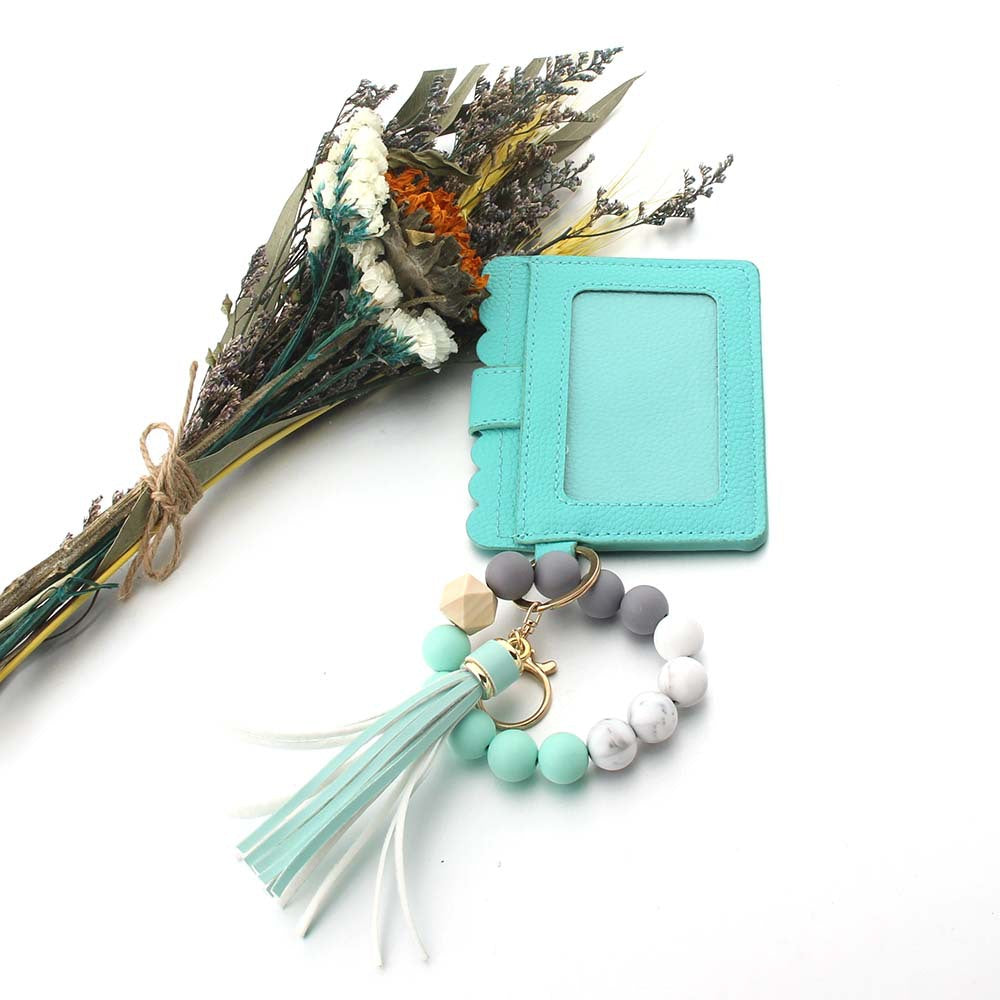 Wholesale Silicone PU Leather Tassel Bracelet Wooden Beads Wallet Keychain ACC-KC-JinAn023