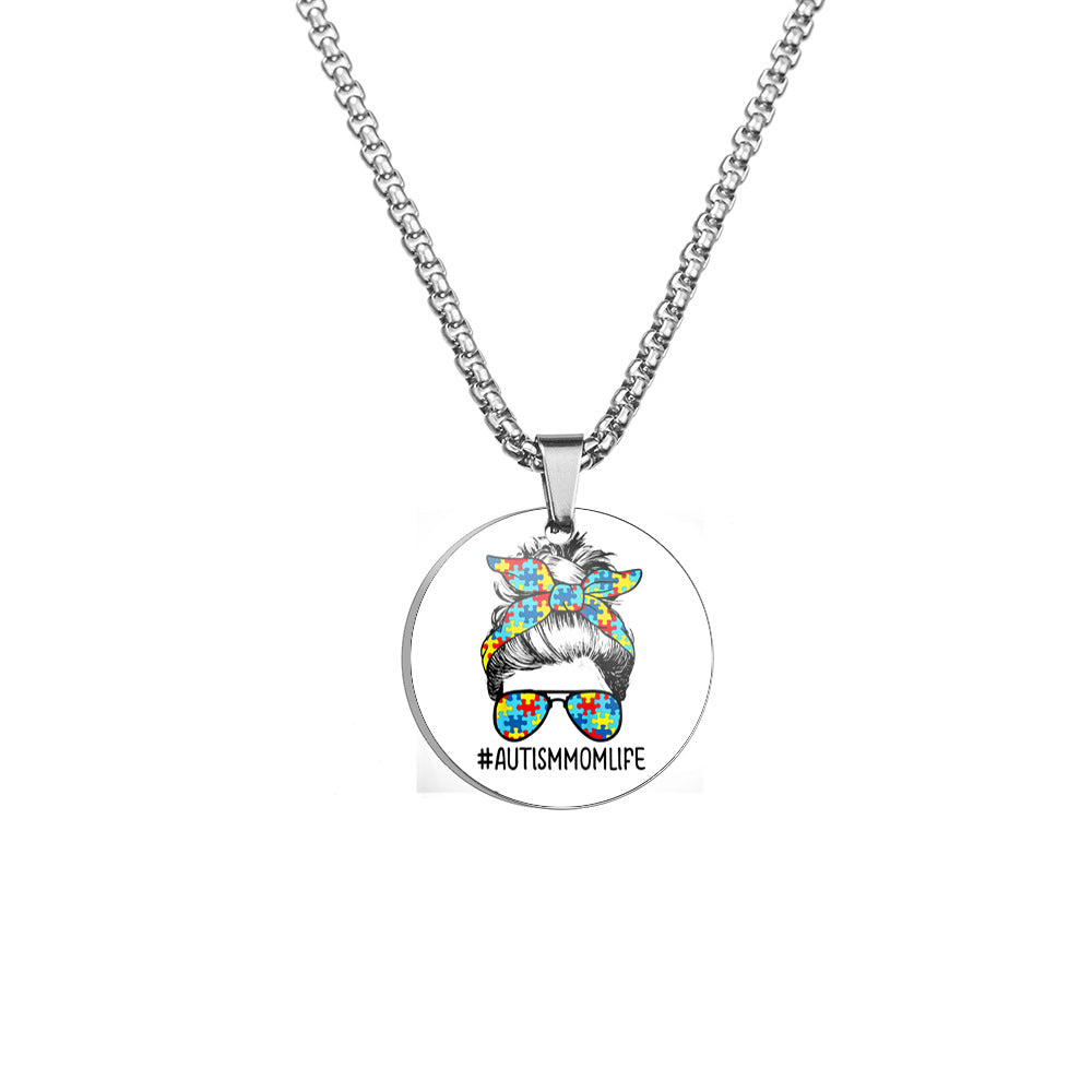 Wholesale Autism MOM Puzzle Color Printed Pendant Stainless Steel Necklace Mother's Day ACC-NE-HuanYu004