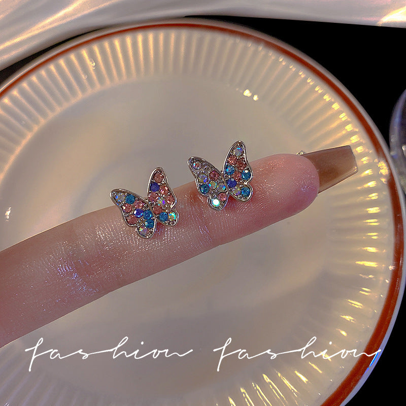 Wholesale 925 silver needle small simple colorful flash diamond butterfly earrings
