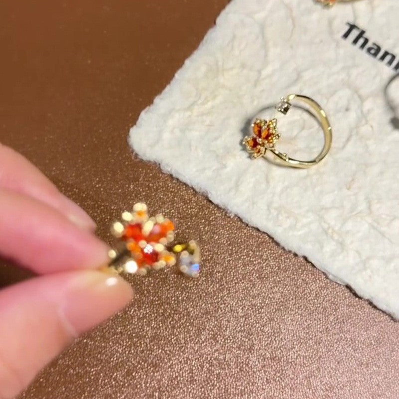 Wholesale  Retro Red Zircon Maple Leaf Ring