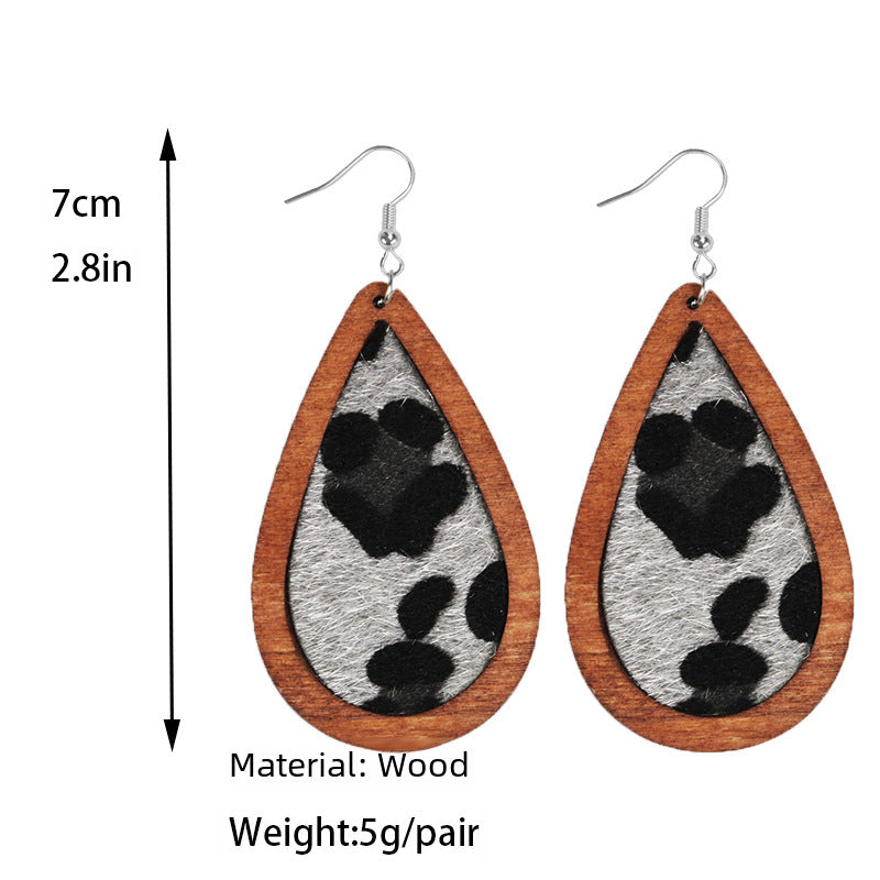Wholesale  wooden earrings inlaid plush leather drop-shaped cow leopard print earrings