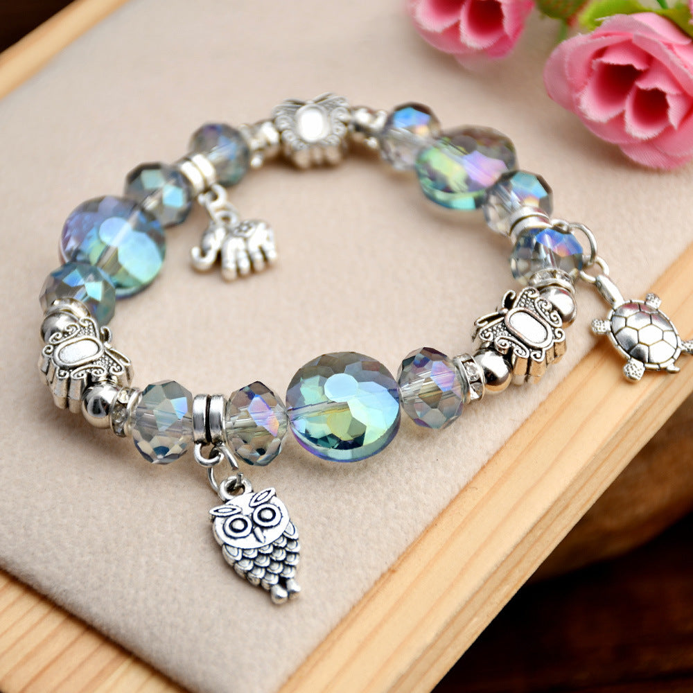 Wholesale Ethnic Style Crystal Bead Bracelet with Elephant Pendant,  Vintage Silver Tone,  Fashion Jewelry Accessory,  Travel Souvenir Gift