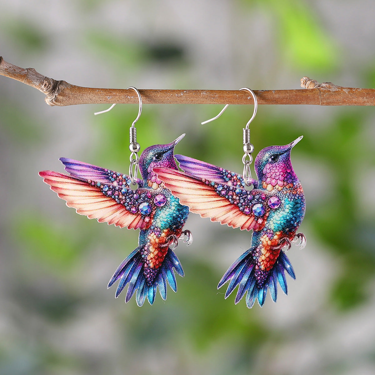 Wholesale Cute colorful bird hummingbird flower branch acrylic pendant earrings