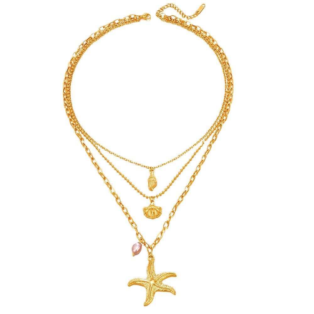 Wholesale Stainless Steel Three-Layer Pearl Starfish Pendant Necklace