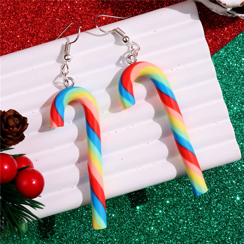 Wholesale  Soft Clay Large Candy Cane Christmas Colorful Rainbow Earrings
