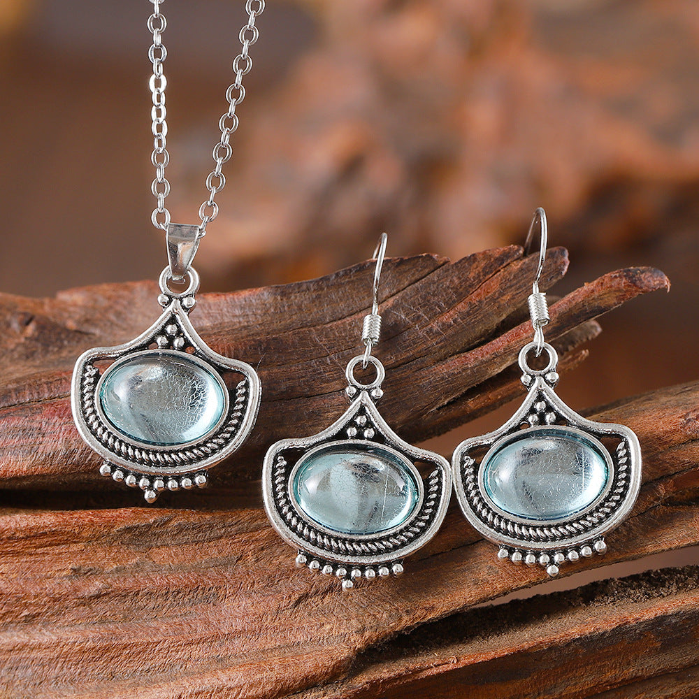 Wholesale Zinc Alloy Geometric Oval Gemstone Drop Earrings And Necklace Set Fashion Jewelry Accessory For Boutique Resale