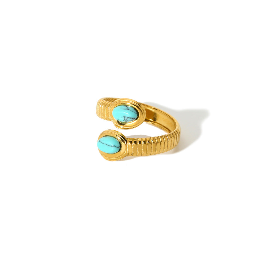 Wholesale Vintage Turquoise Open Ring Gold Plated Titanium Steel Fashion Jewelry Accessory