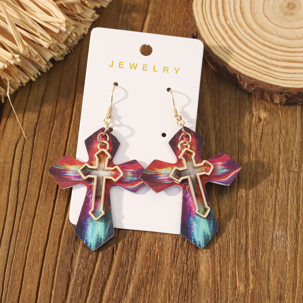 Wholesale double-layer cross leather Gothic style earrings,