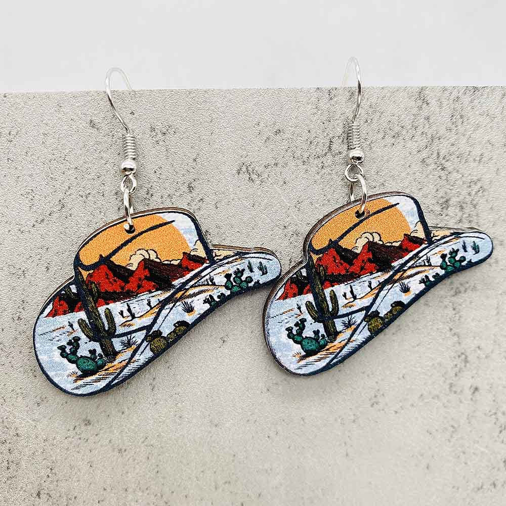 Wholesale Cactus Western Cowboy Style Wooden Earrings ACC-ES-Cheny009