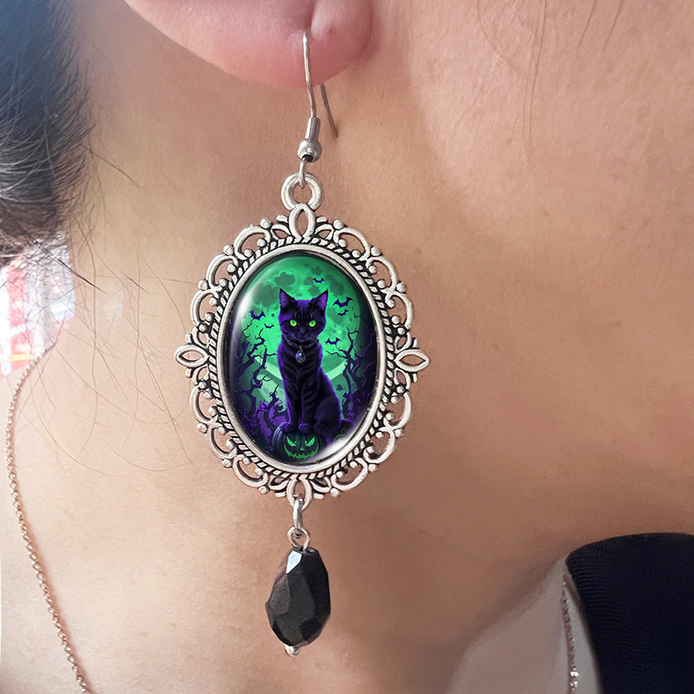 Wholesale Halloween Stainless Steel Ear Hook Oval Lace Pumpkin Black Cat Moon Metal Earrings ACCVIP-ES-XiangLian005