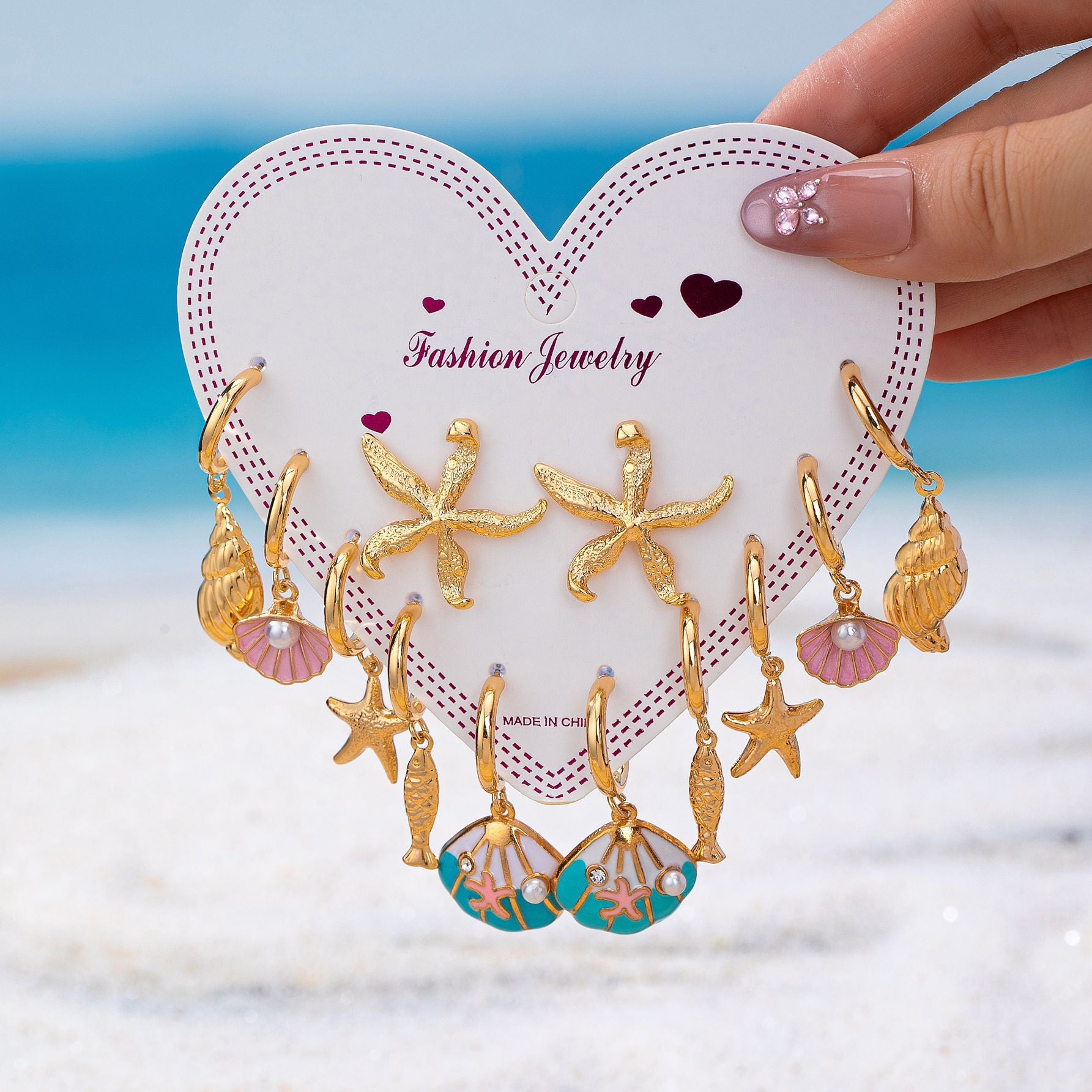 Wholesale Zinc Alloy Ocean Starfish Shell Earrings Set 6 Pairs Stylish Beach Vacation Jewelry Accessory Boutique Resale Gift