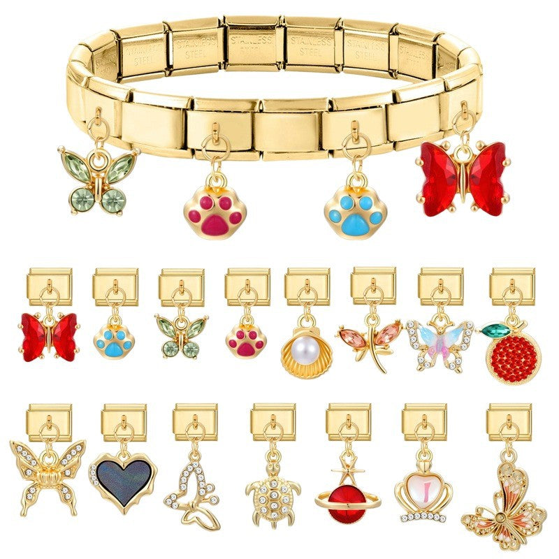 Wholesale Italian Charm Bracelet 9mm DIY Splicing Gold Butterfly Pendant Stainless Steel Composable Bracelet