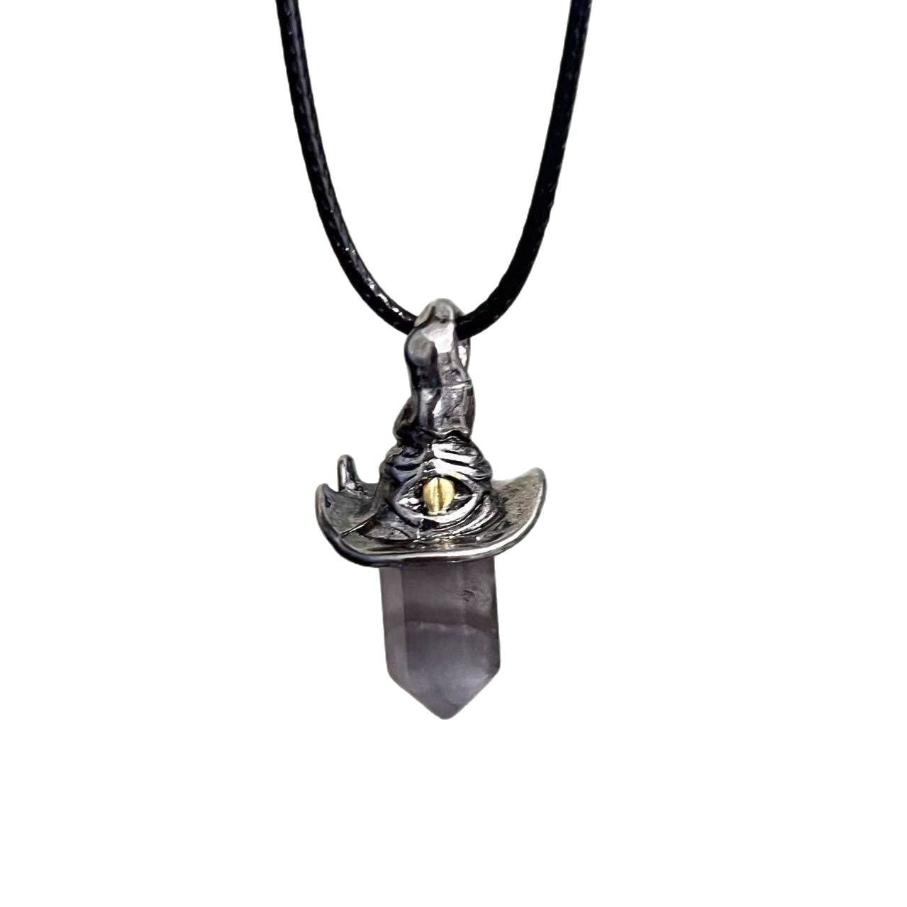 Wholesale  Retro Natural Amethyst Hexagonal Column Witch Hat Pendant Necklaces