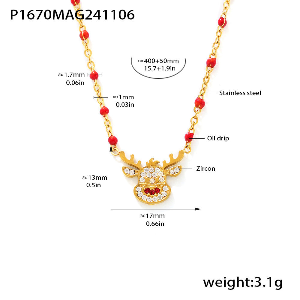 Wholesale Stainless Steel Christmas Bell Elk Zircon Necklace