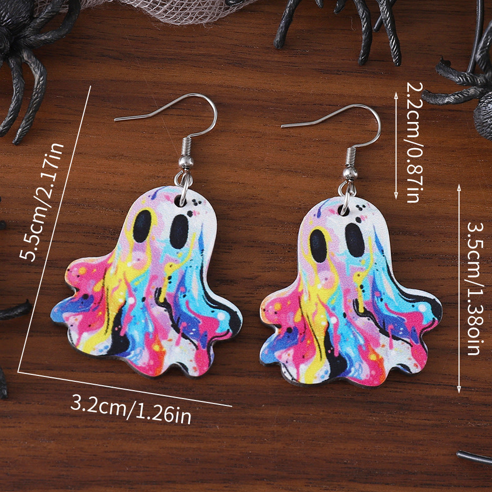Wholesale Halloween Cute Western Cowboy Hat Painted Ghost Wooden Earrings ACC-ES-ChuLian046