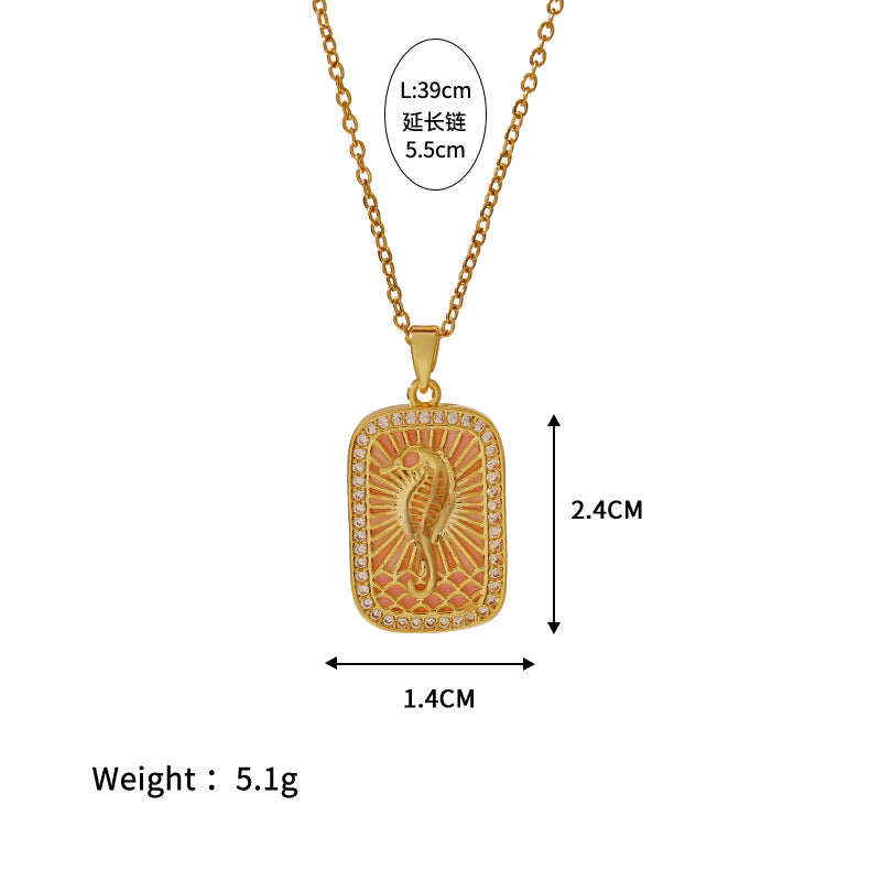 Wholesale Stainless steel Color Tarot Necklace Square Zirconium Pendant  Dolphin Brown Tree Marine  Clavicle Chain