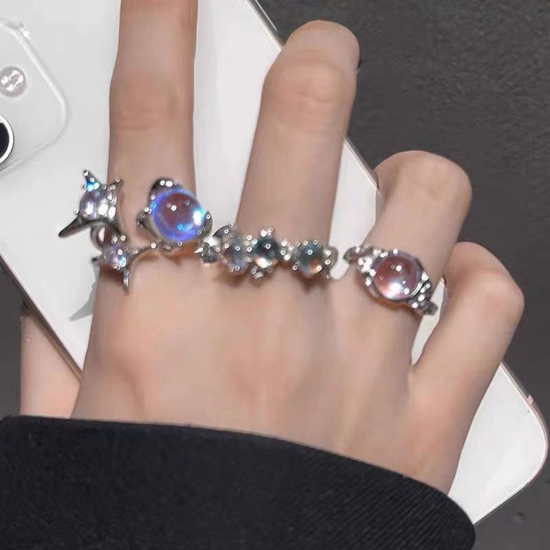 Wholesale Alloy Plated Irregular Open Ring With Zircon And Cat S Eye Moonstone Geometric Design Chic Jewelry Accessory For Women