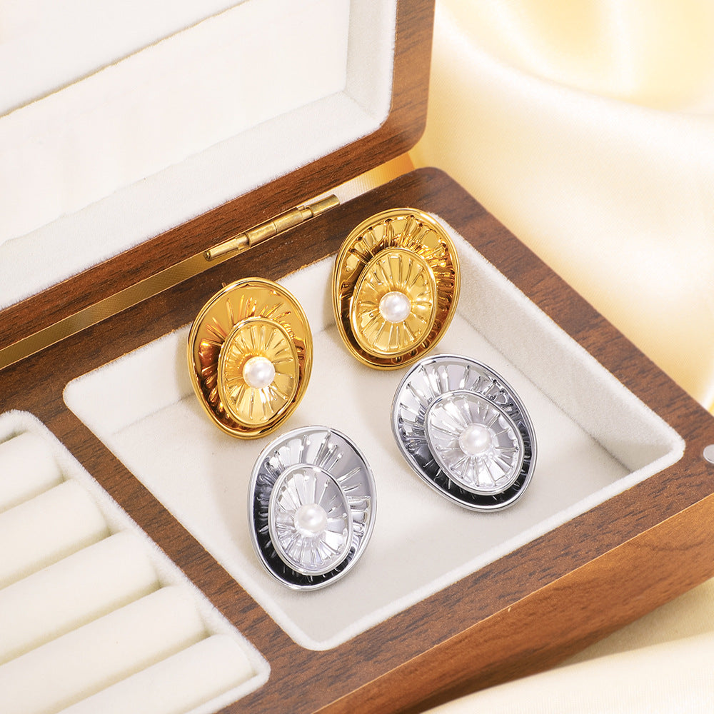 Wholesale double leaf geometric inlaid pearl stainless steel lotus leaf texture 18K gold earrings