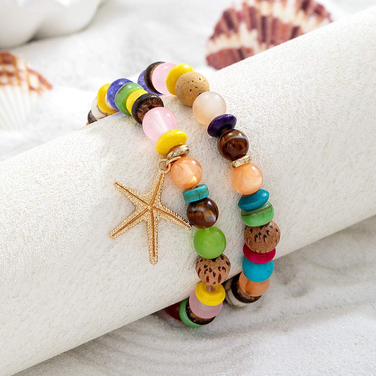 Wholesale Alloy Starfish Pendant Colorful Volcanic Stone Turquoise Coconut Shell Beaded Elastic Bracelet