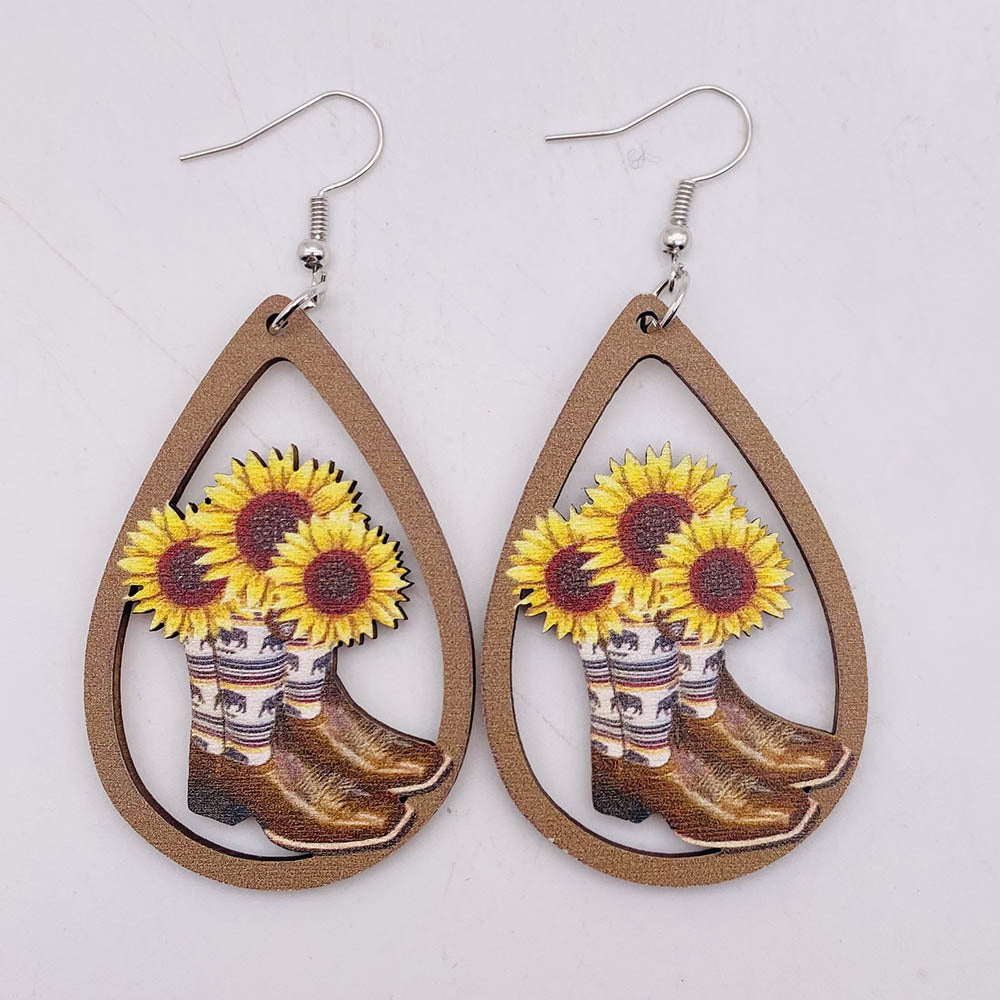Wholesale Vintage Wooden Western Bullhead Sunflower Bohemian Earrings