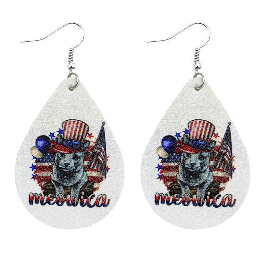 Wholesale Independence Day Western Style Boots Hat Cat Horse Pig PU Leather Drop Shape Earrings