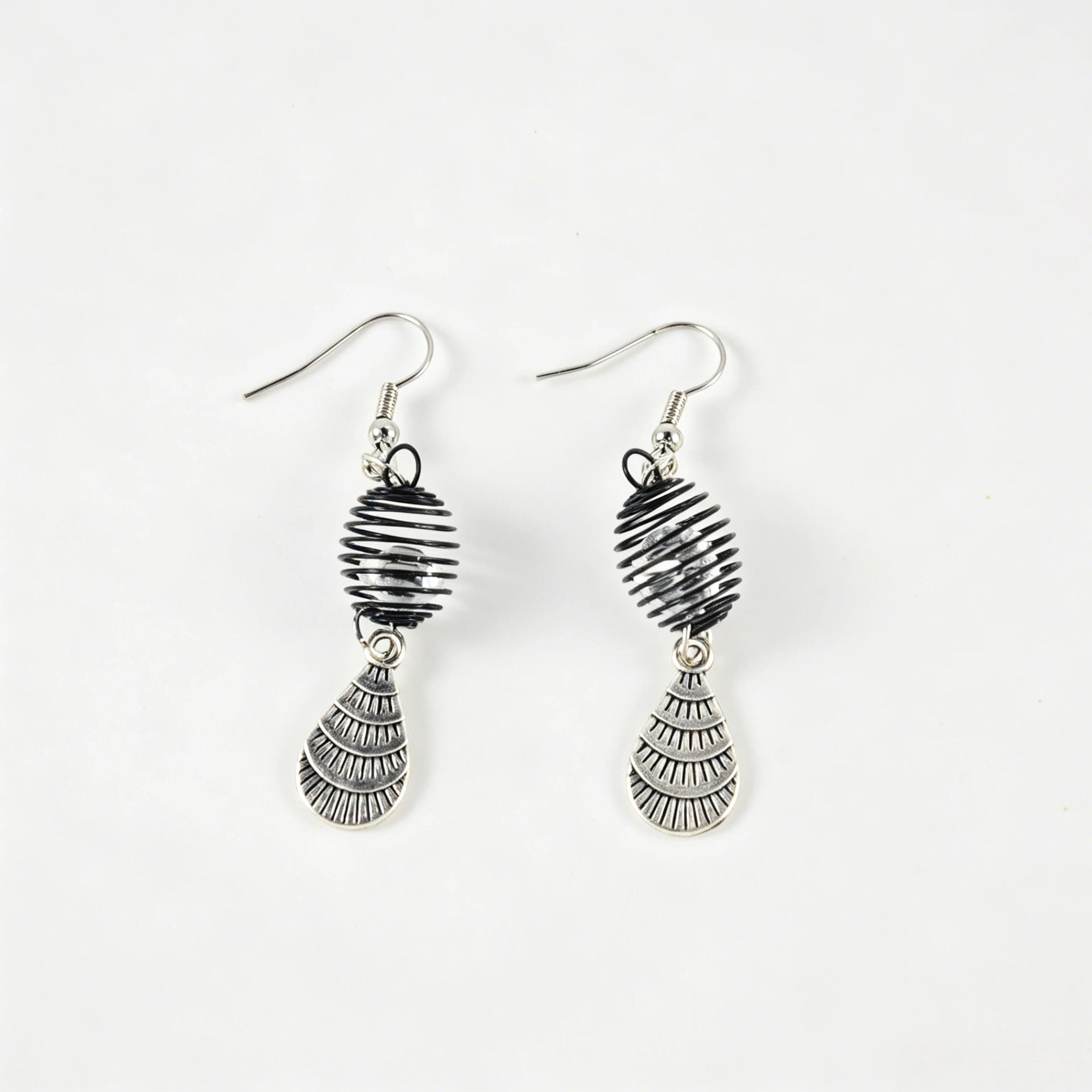 Wholesale Cross-Border European and American Retro Bohemian Black Coil Fan-Shaped Pendant Earrings with a Light Luxury and High-End Feel,  Featuring Embedded Diamond Ear Hooks