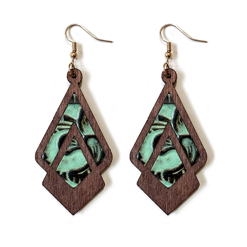 Wholesale retro Western cowhide embossed inlaid wooden earrings