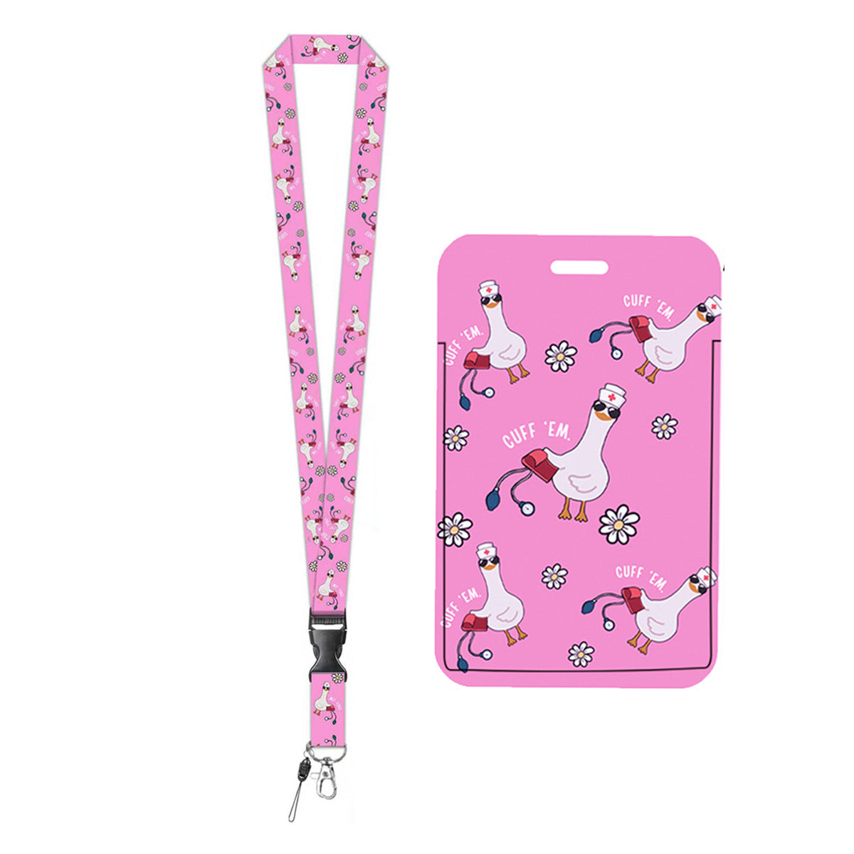 Wholesale Cross-border hot-selling retractable easy-pull buckle,  fun white goose UV printed name tag/ card holder,  polyester lanyard,  medical name tag buckle,  in stock.
